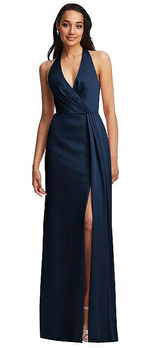 Pleated V-Neck Closed Back Trumpet Gown with Draped Front Slit
