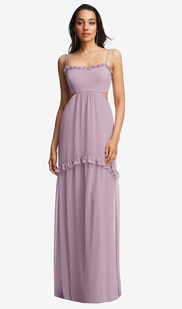 Front View - Suede Rose Ruffle-Trimmed Cutout Tie-Back Maxi Dress with Tiered Skirt