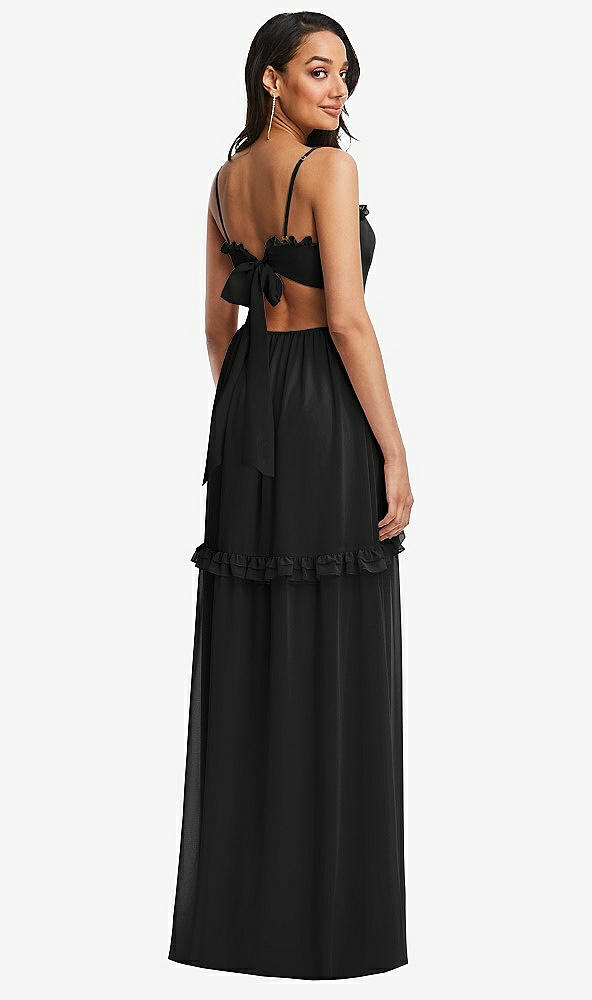 Back View - Black Ruffle-Trimmed Cutout Tie-Back Maxi Dress with Tiered Skirt