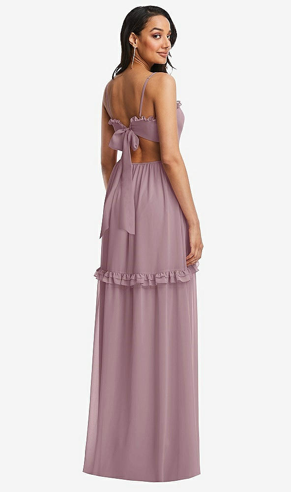 Back View - Dusty Rose Ruffle-Trimmed Cutout Tie-Back Maxi Dress with Tiered Skirt