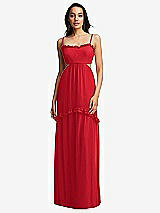 Front View Thumbnail - Parisian Red Ruffle-Trimmed Cutout Tie-Back Maxi Dress with Tiered Skirt