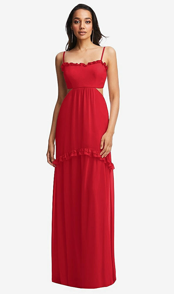 Front View - Parisian Red Ruffle-Trimmed Cutout Tie-Back Maxi Dress with Tiered Skirt