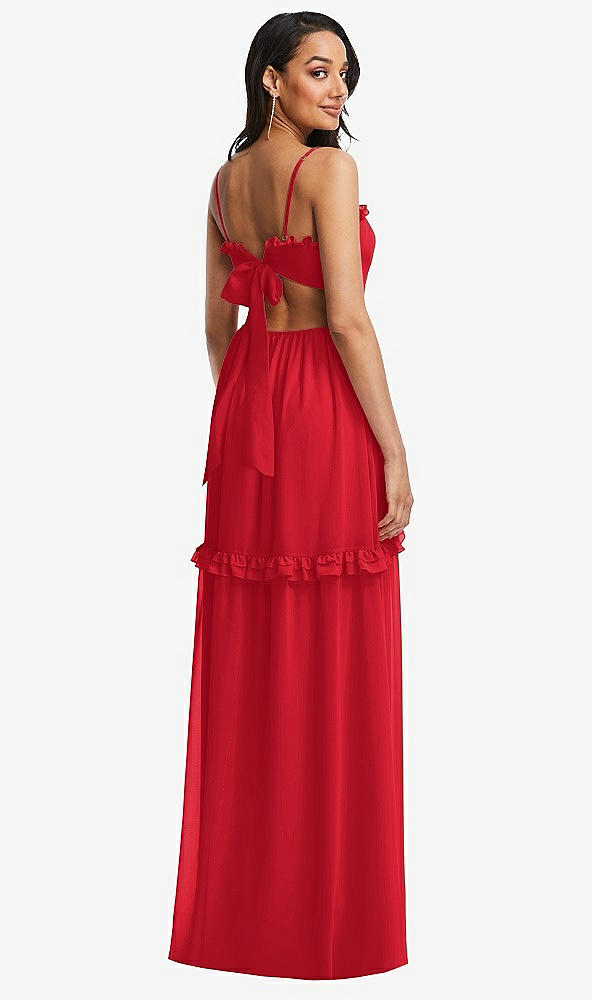Back View - Parisian Red Ruffle-Trimmed Cutout Tie-Back Maxi Dress with Tiered Skirt
