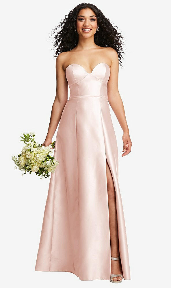 Front View - Blush Strapless Bustier A-Line Satin Gown with Front Slit