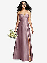 Front View Thumbnail - Dusty Rose Strapless Bustier A-Line Satin Gown with Front Slit