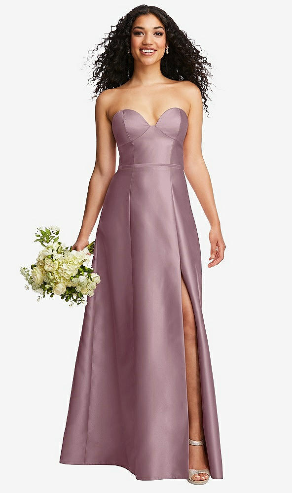 Front View - Dusty Rose Strapless Bustier A-Line Satin Gown with Front Slit