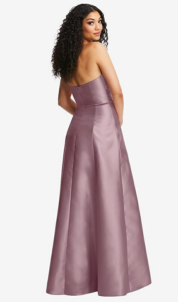 Back View - Dusty Rose Strapless Bustier A-Line Satin Gown with Front Slit