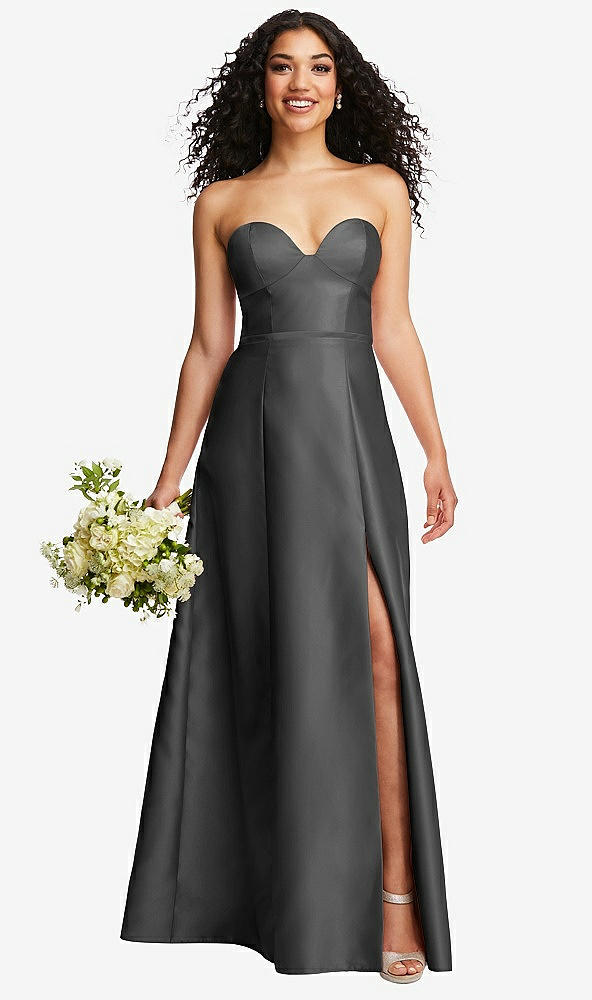 Front View - Gunmetal Strapless Bustier A-Line Satin Gown with Front Slit