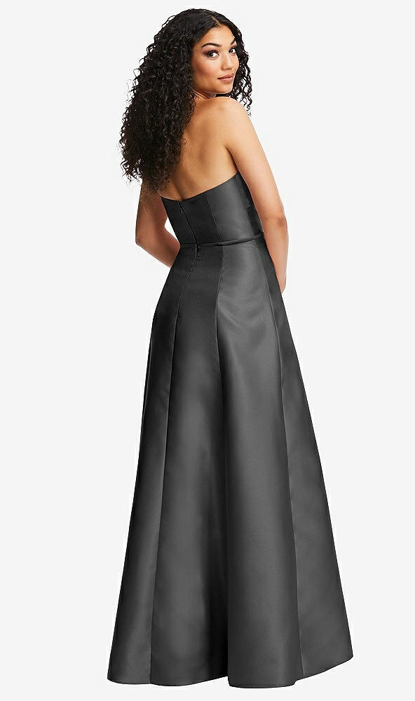 Back View - Gunmetal Strapless Bustier A-Line Satin Gown with Front Slit