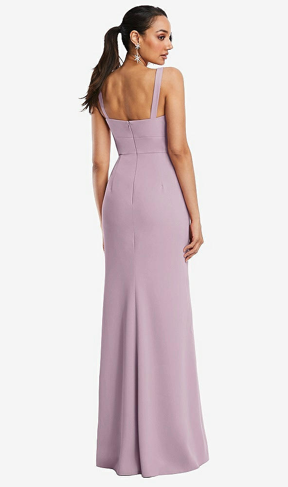 Back View - Suede Rose Cowl-Neck Wide Strap Crepe Trumpet Gown with Front Slit
