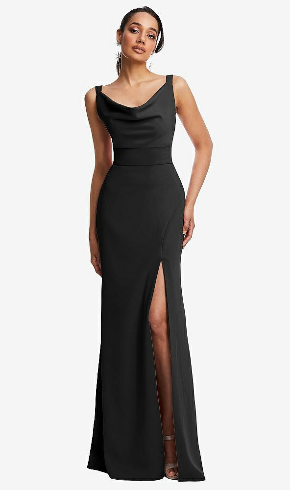 Front View - Black Cowl-Neck Wide Strap Crepe Trumpet Gown with Front Slit