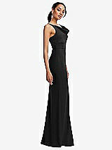 Side View Thumbnail - Black Cowl-Neck Wide Strap Crepe Trumpet Gown with Front Slit
