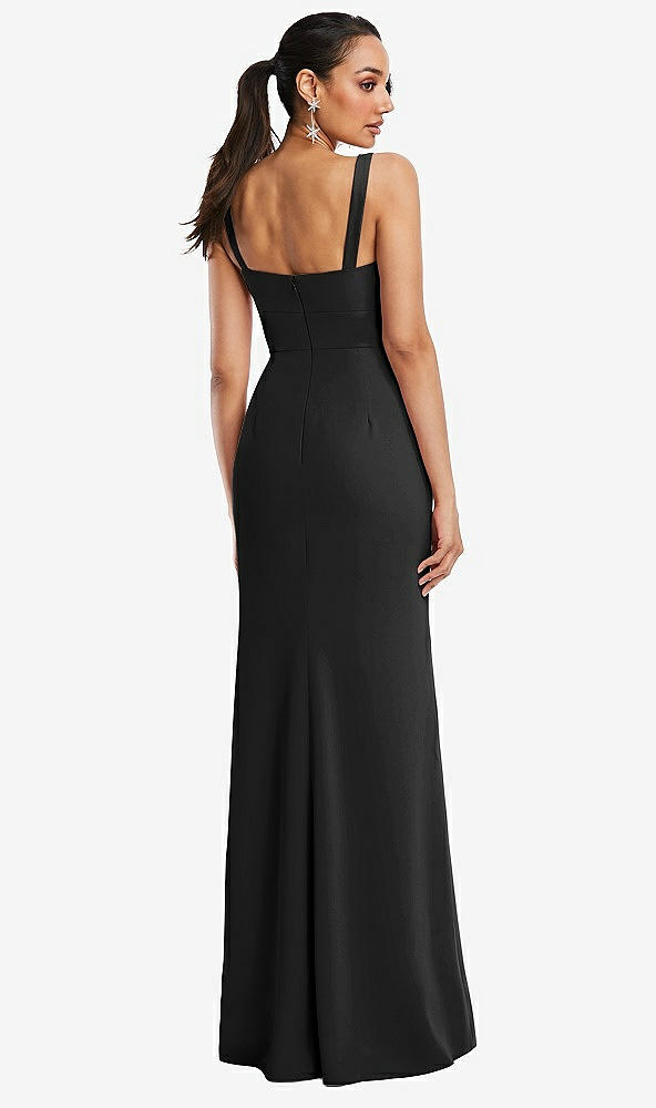 Back View - Black Cowl-Neck Wide Strap Crepe Trumpet Gown with Front Slit