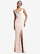 Front View Thumbnail - Blush Cowl-Neck Wide Strap Crepe Trumpet Gown with Front Slit