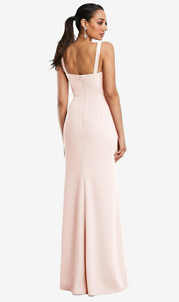 Back View - Blush Cowl-Neck Wide Strap Crepe Trumpet Gown with Front Slit
