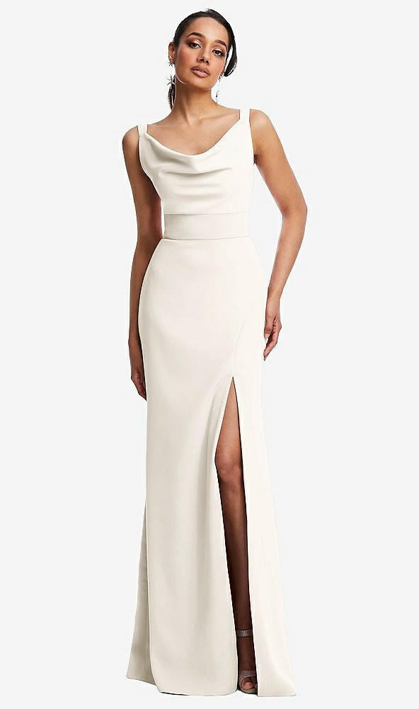 Front View - Ivory Cowl-Neck Wide Strap Crepe Trumpet Gown with Front Slit