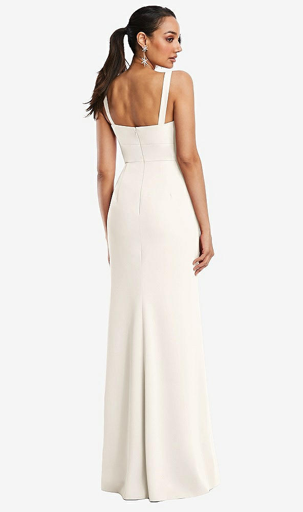 Back View - Ivory Cowl-Neck Wide Strap Crepe Trumpet Gown with Front Slit