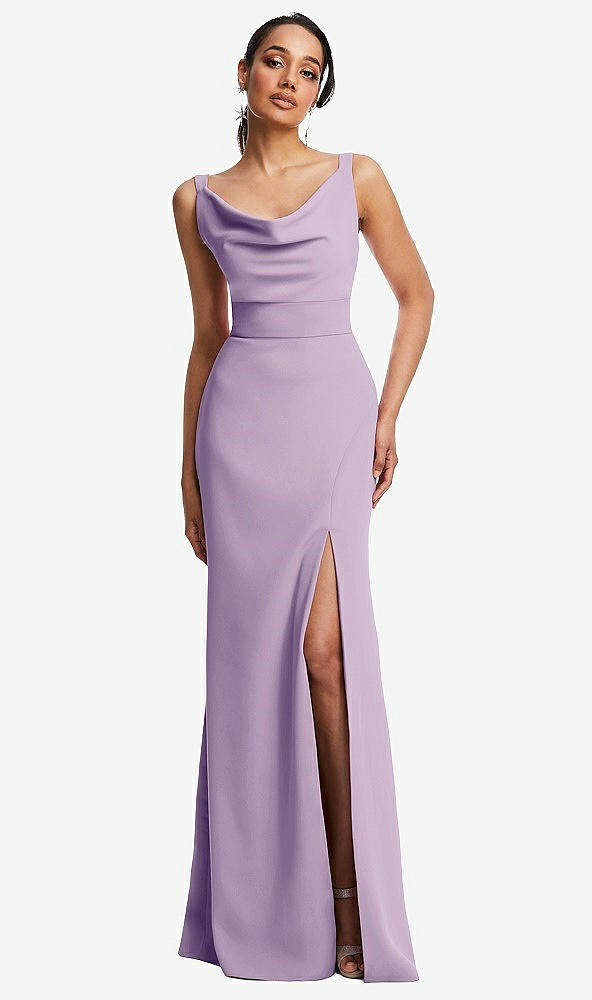 Front View - Pale Purple Cowl-Neck Wide Strap Crepe Trumpet Gown with Front Slit