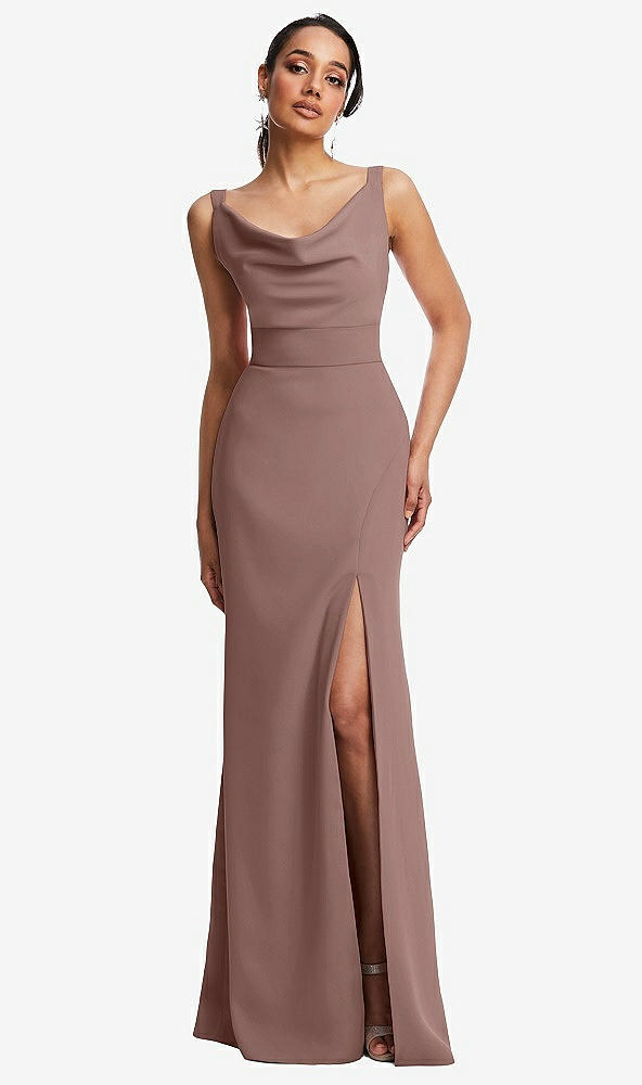 Front View - Sienna Cowl-Neck Wide Strap Crepe Trumpet Gown with Front Slit