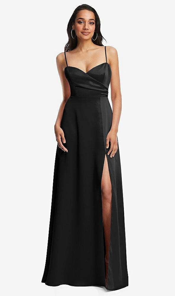Front View - Black Adjustable Strap A-Line Faux Wrap Maxi Dress