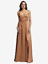 Front View Thumbnail - Toffee Adjustable Strap A-Line Faux Wrap Maxi Dress