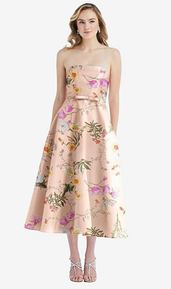 Front View - Butterfly Botanica Pink Sand Strapless Bow-Waist Full Skirt Floral Satin Midi Dress