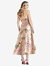 Rear View Thumbnail - Butterfly Botanica Pink Sand Strapless Bow-Waist Full Skirt Floral Satin Midi Dress