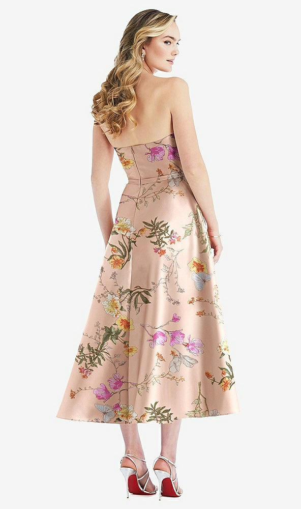 Back View - Butterfly Botanica Pink Sand Strapless Bow-Waist Full Skirt Floral Satin Midi Dress