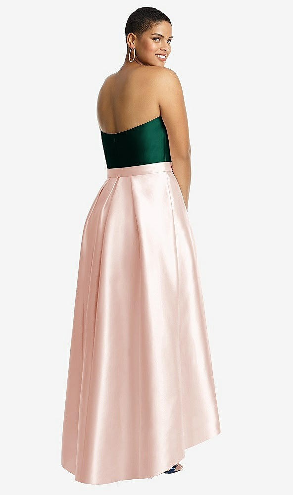 Back View - Blush & Hunter Green Strapless Satin High Low Dress with Pockets