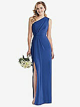 Front View Thumbnail - Classic Blue One-Shoulder Draped Bodice Column Gown