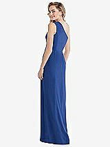 Rear View Thumbnail - Classic Blue One-Shoulder Draped Bodice Column Gown