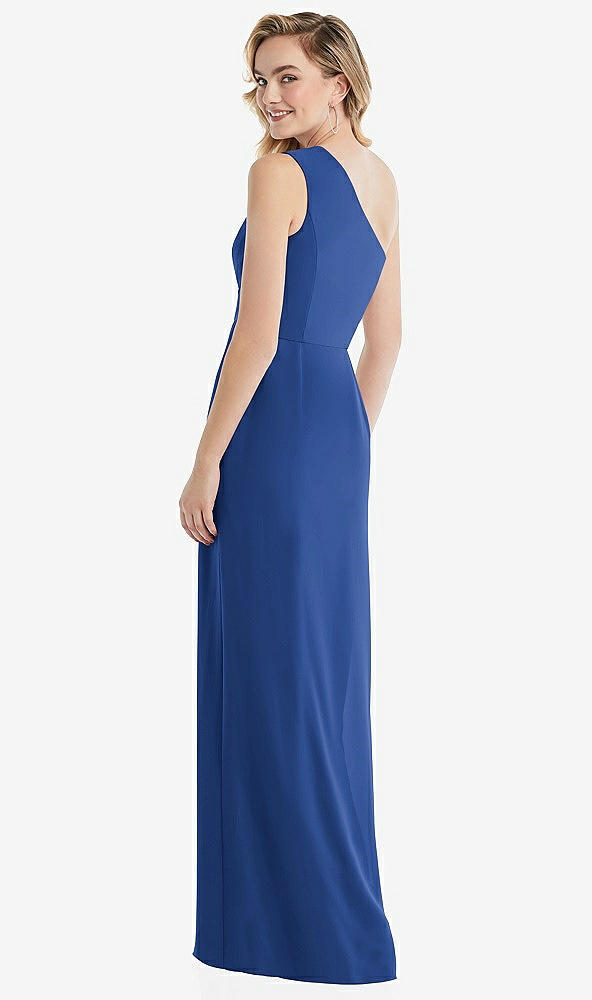 Back View - Classic Blue One-Shoulder Draped Bodice Column Gown