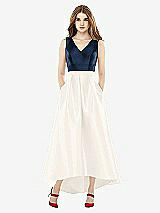 Front View Thumbnail - Ivory & Midnight Navy Sleeveless Pleated Skirt High Low Dress with Pockets