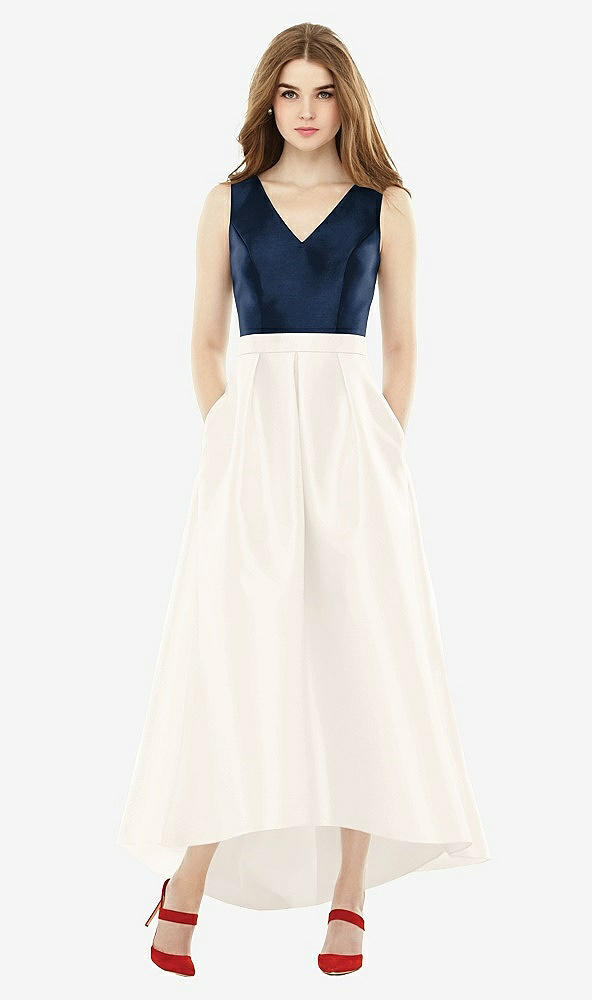 Front View - Ivory & Midnight Navy Sleeveless Pleated Skirt High Low Dress with Pockets