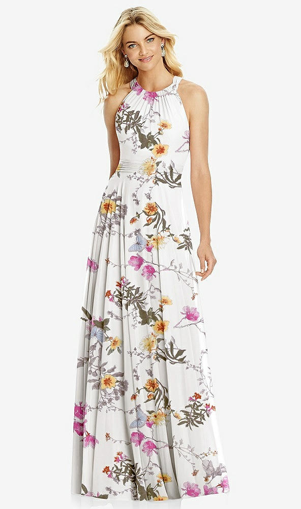 Front View - Butterfly Botanica Ivory Cross Strap Open-Back Halter Maxi Dress