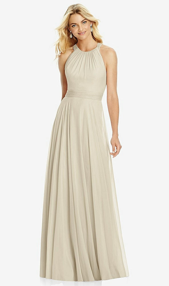Front View - Champagne Cross Strap Open-Back Halter Maxi Dress