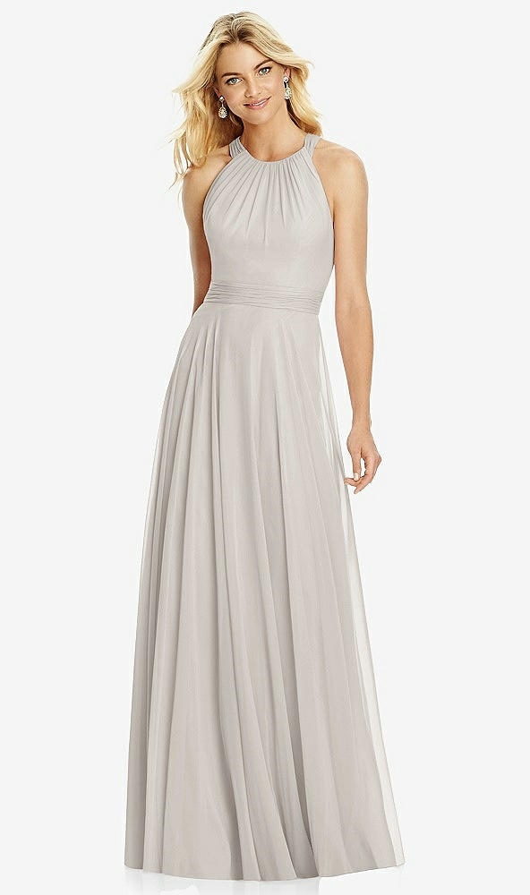 Front View - Oyster Cross Strap Open-Back Halter Maxi Dress