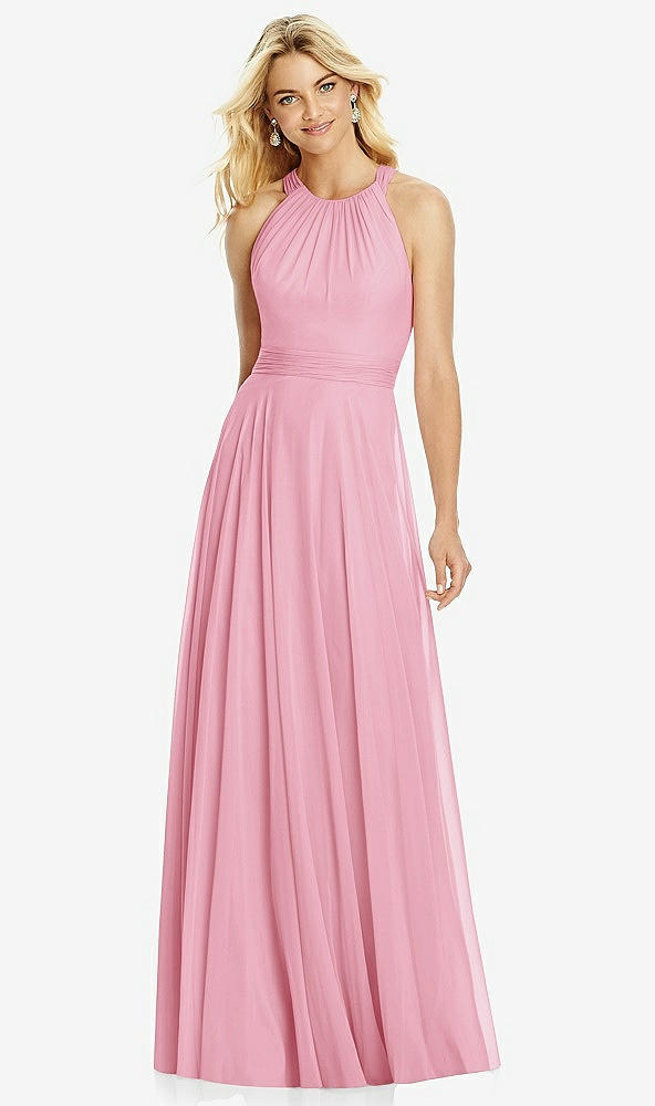 Front View - Peony Pink Cross Strap Open-Back Halter Maxi Dress