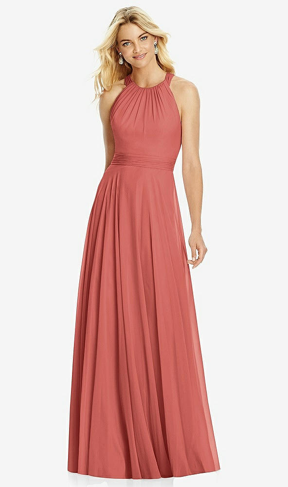 Front View - Coral Pink Cross Strap Open-Back Halter Maxi Dress