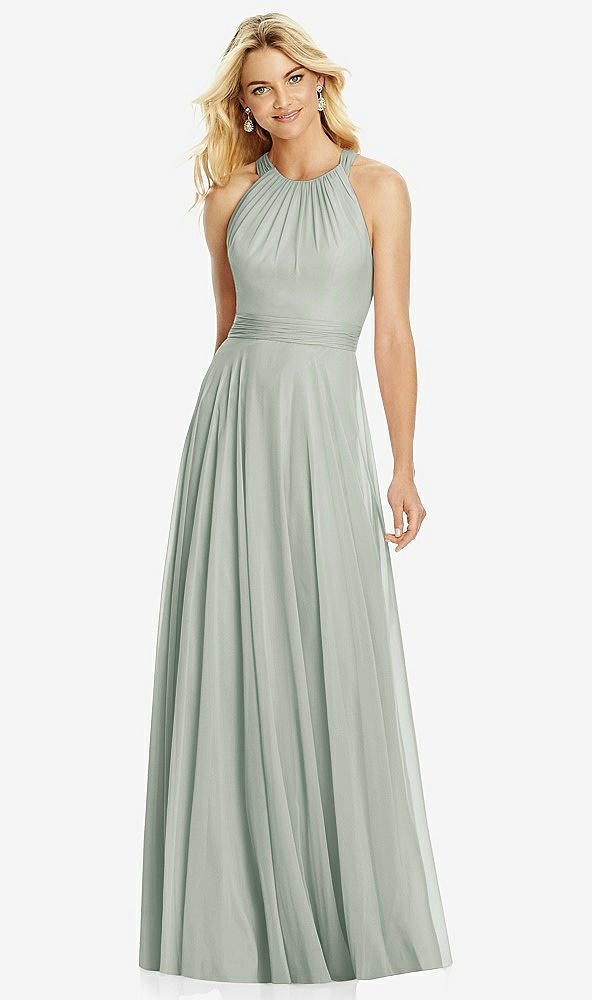 Front View - Willow Green Cross Strap Open-Back Halter Maxi Dress