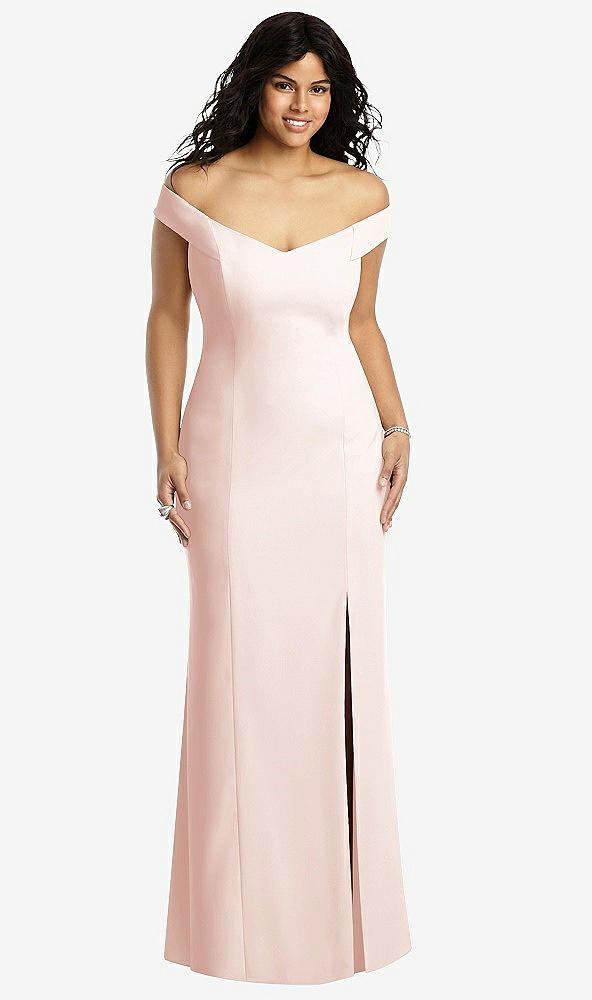 Front View - Blush Off-the-Shoulder Criss Cross Back Trumpet Gown
