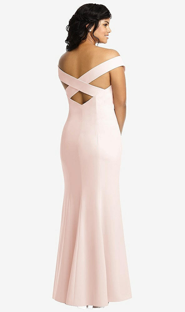 Back View - Blush Off-the-Shoulder Criss Cross Back Trumpet Gown
