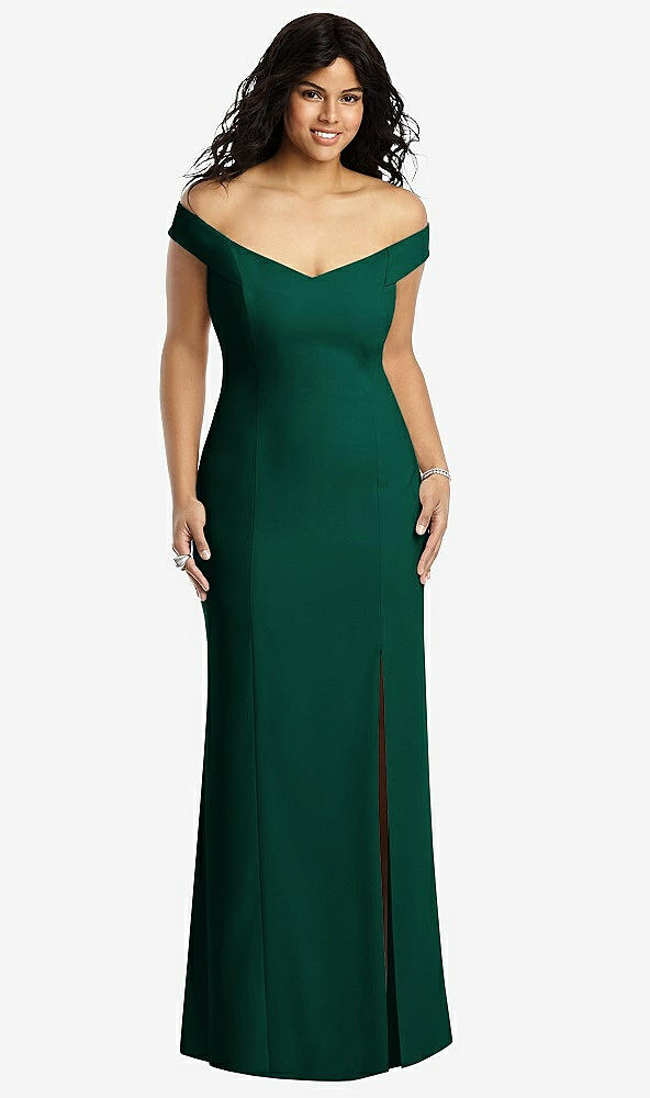 Front View - Hunter Green Off-the-Shoulder Criss Cross Back Trumpet Gown