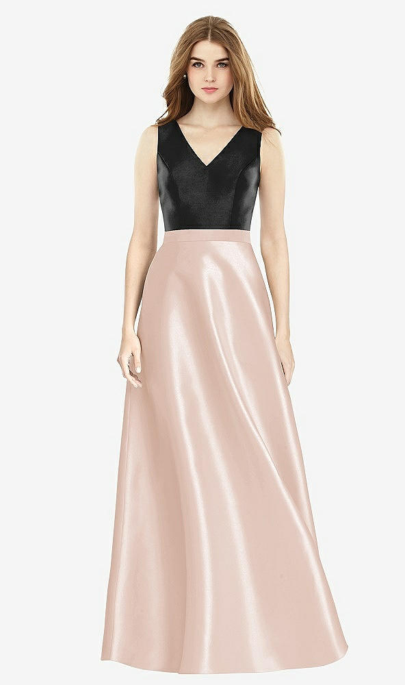 Front View - Cameo & Black Sleeveless A-Line Satin Dress with Pockets