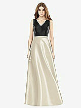 Front View Thumbnail - Champagne & Black Sleeveless A-Line Satin Dress with Pockets