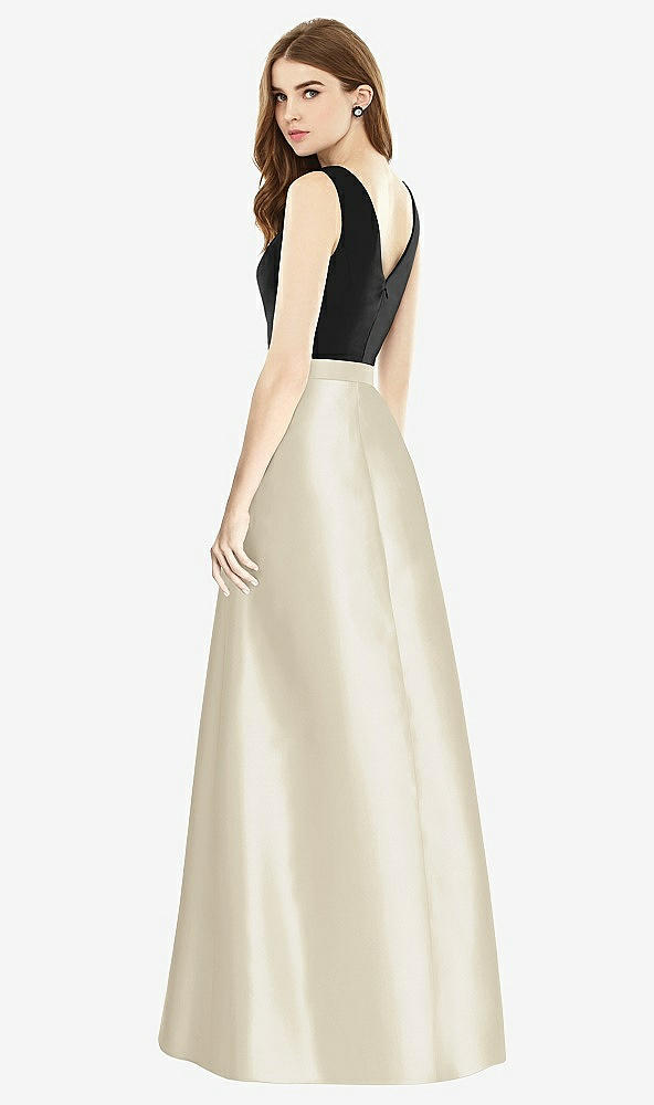 Back View - Champagne & Black Sleeveless A-Line Satin Dress with Pockets
