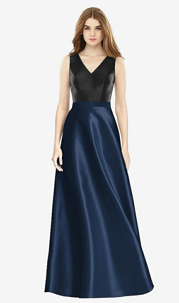 Front View - Midnight Navy & Black Sleeveless A-Line Satin Dress with Pockets