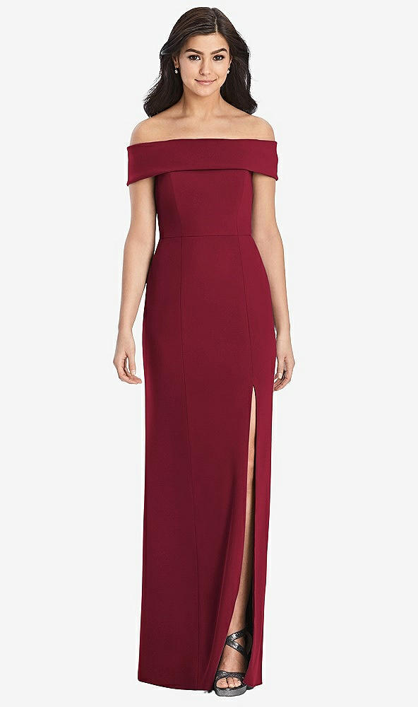 Front View - Burgundy Cuffed Off-the-Shoulder Trumpet Gown