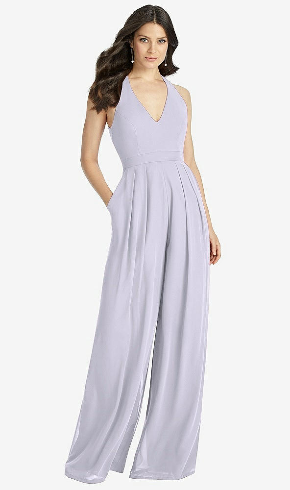 Front View - Silver Dove V-Neck Backless Pleated Front Jumpsuit - Arielle