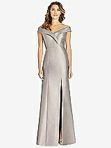 Front View Thumbnail - Taupe Off-the-Shoulder Cuff Trumpet Gown with Front Slit
